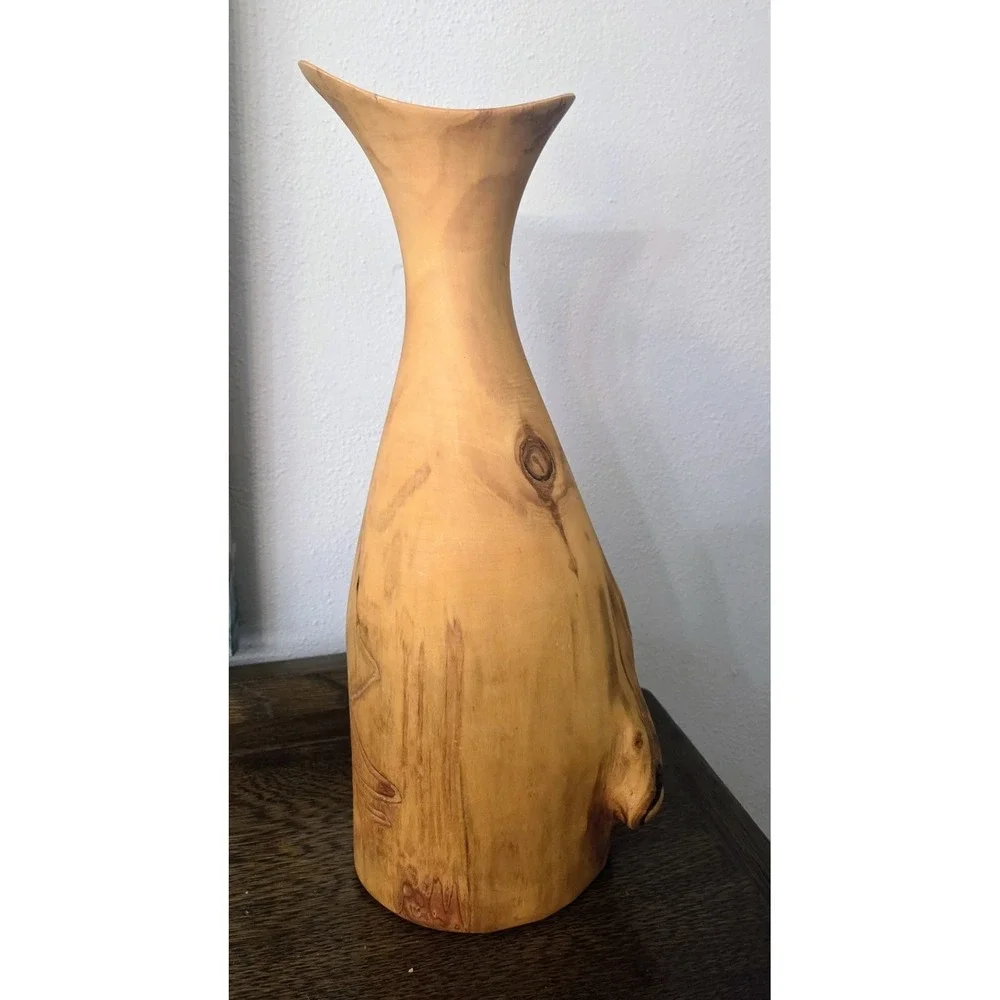 Turned Wooden Vase Rustic Knotty Asymmetrical Flared Rim Solid Piece of Wood 15